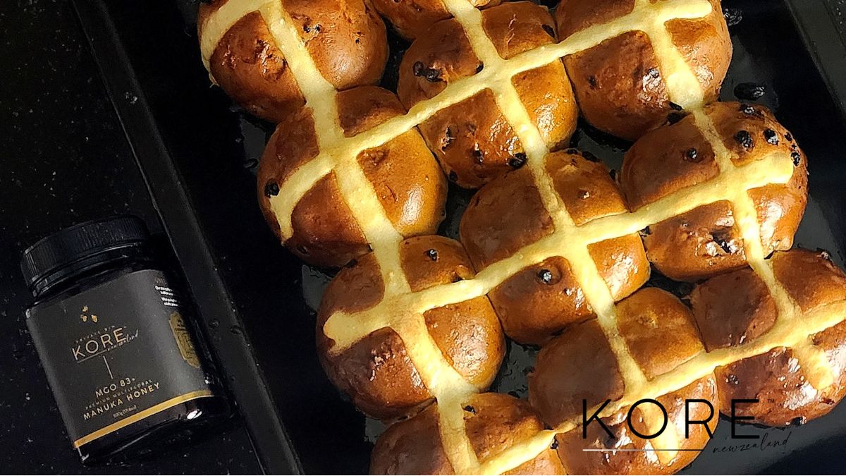 Homemade Hot Cross Buns with KORE Manuka Honey Glaze